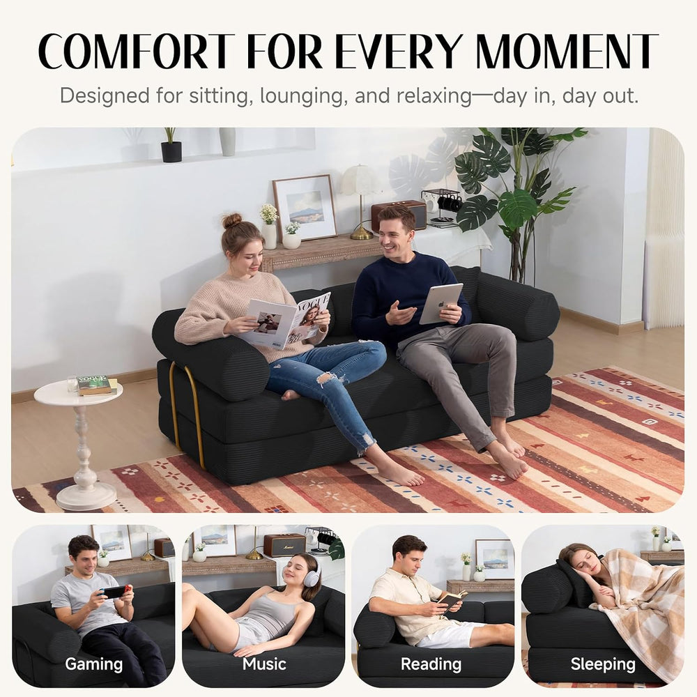 79" Corduroy Sofa Bed, Couch in a Box with 2 Pillows, High-Density Foam ...