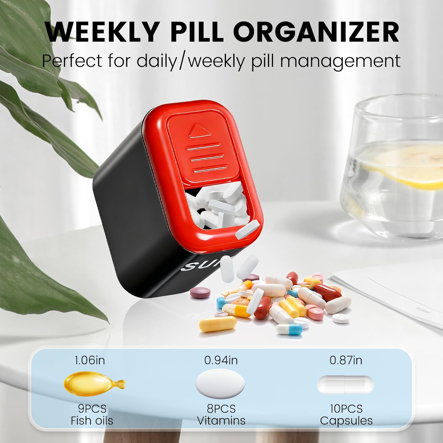 Pill Organizer Easy-Slide Lid, Removable 7 Day 1 Time a Day Pill Box, Large Travel Pill Case, Week Once Daily Medication Dispenser, Pill Container Holder for Supplement, Vitamin, Black