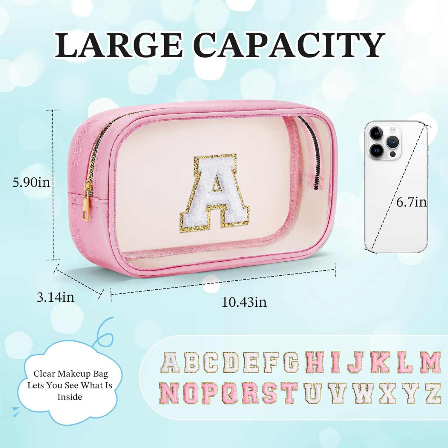 YOOLIFE Travel Toiletry Bag for Women, Pink Clear Makeup Bag Cute Make Up Bag Cosmetic Bags Skin Care Makeup Bag Organizer Birthday Gifts for Women Teacher Mother Girlfriend Initial H