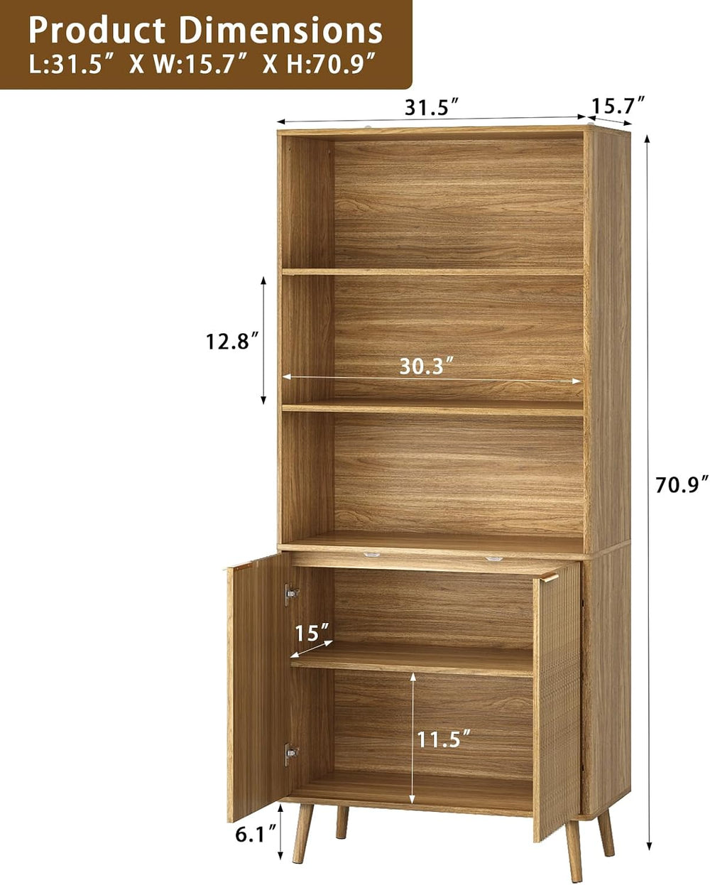 CARPETNAL Tall Storage Display Cabinet in Natural Oak- 70 Inch Bookshelf with...