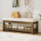Large Upholstered Ottoman Bench Entryway Storage Benches Tufted Linen Ottoman Bench with Solid Wood Shelf Padded End of Bed Bench for Bedroom Living Room Hallway Decor