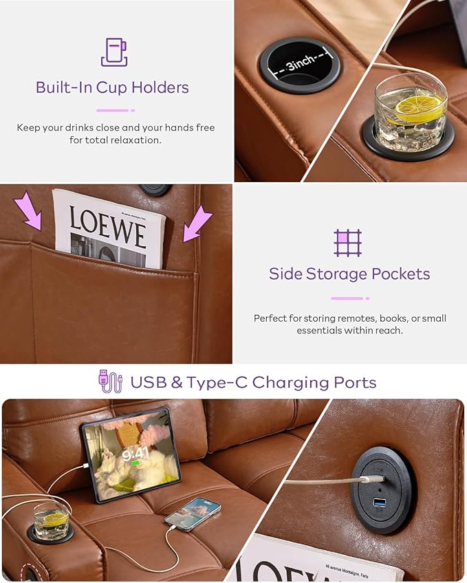 TYBOATLE 116’’ W Brown Faux Leather Sectional Couch w/USB and Cup Holders for Living Room, Comfy Tufted U Shaped Sofa w/Chaise Lounge, Office Leather Sofa for Bedroom