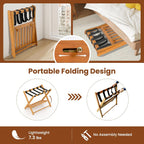 Goplus Luggage Rack for Guest Room Set of 2, Folding Suitcase Stand with Storage Shelf, Acacia Wood Frame & 5 Nylon Straps, Fully Assembled 27" Luggage Stand for Bedroom, Hotel, Holds up to 200 LBS