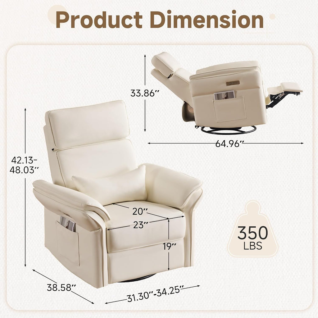 Power Recliner Rocking Chair with Adjustable Arm and Headrest,Beige Leather | Adjustable arms and headrest, storage bags, FSC certified fabric, nursing chair glider for nursery