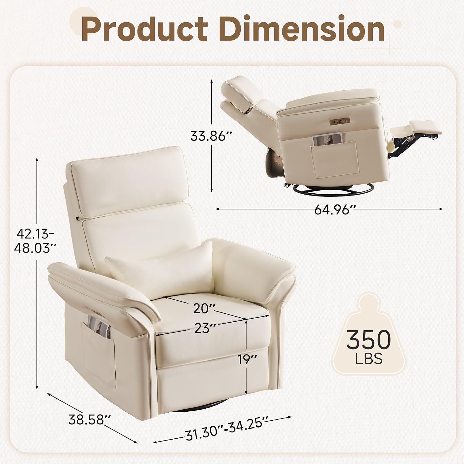 Power Recliner Rocking Chair with Adjustable Arm and Headrest,Beige Leather | Adjustable arms and headrest, storage bags, FSC certified fabric, nursing chair glider for nursery