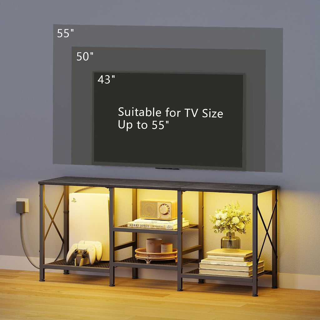 JARHETUN TV Stand with LED Lights for 55 Inch TV, Entertainment Center with 3-Tier Open Shelves, TV Console Table for Living Room, Bedroom, Black