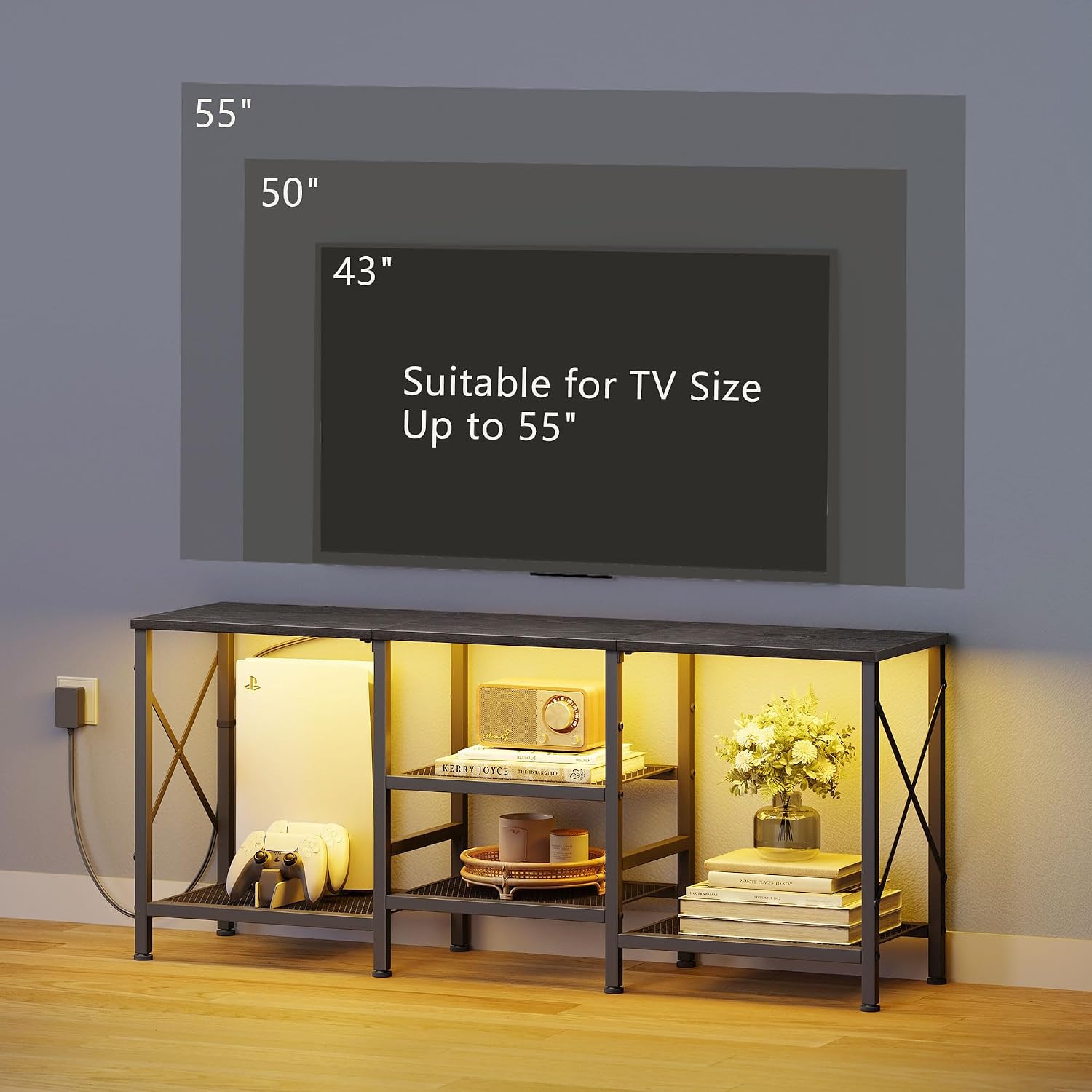 JARHETUN TV Stand with LED Lights for 55 Inch TV, Entertainment Center with 3-Tier Open Shelves, TV Console Table for Living Room, Bedroom, Black