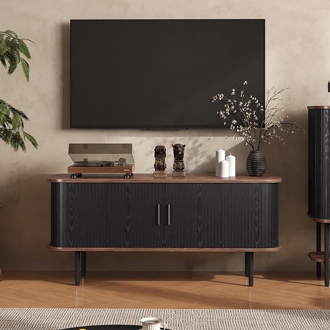 47''W Modern TV Stand Cabinet with Storage for TVs up to 55 Inch, Fluted TV Entertainment Center with Slatted Tambour Doors, Media Console for Living Room, Entryway, Black