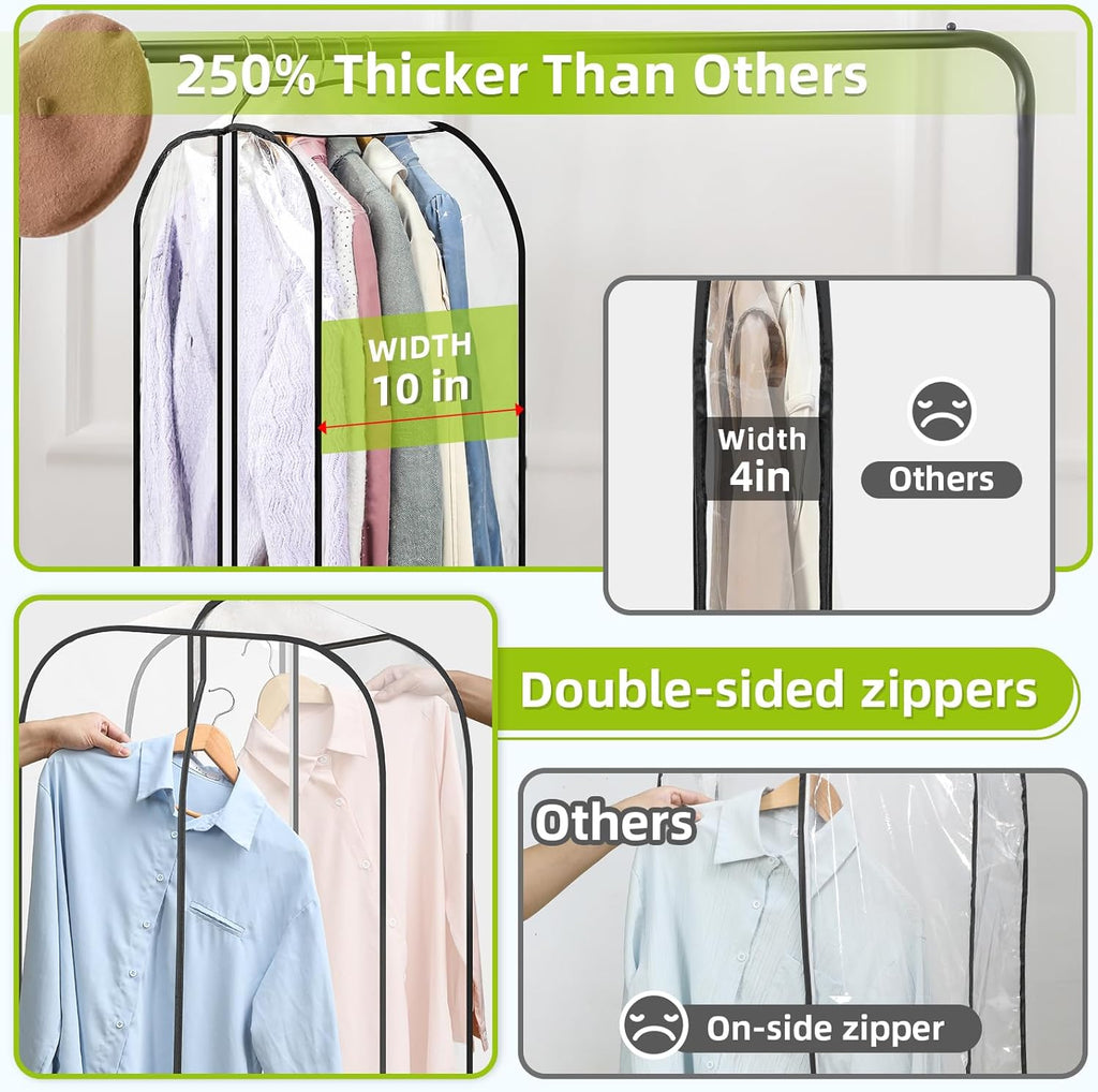 LANDNEOO 2 Pack Clear Garment Bags for Hanging Clothes with Zippers on Double Sides - 10'' Clothes Storage for Coat, Dress, and Fur in Closet - 40'' Long Suit Bags
