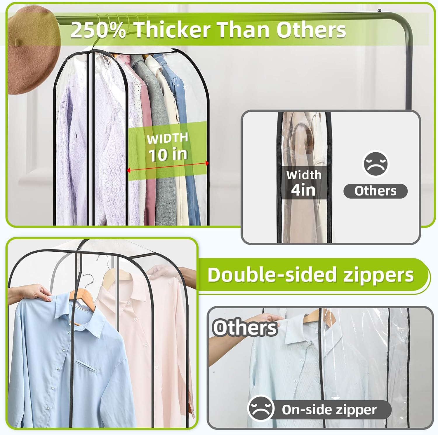 LANDNEOO 2 Pack Clear Garment Bags for Hanging Clothes with Zippers on Double Sides - 10'' Clothes Storage for Coat, Dress, and Fur in Closet - 40'' Long Suit Bags