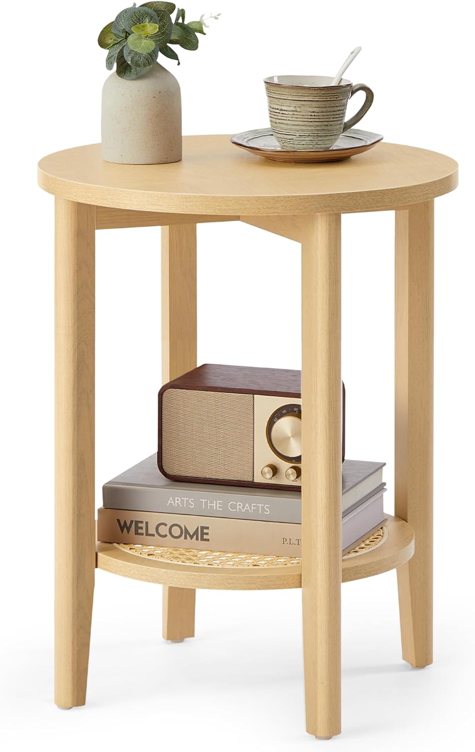 VASAGLE Round Side End Table, 2-Tier Boho Bedside Table with Rattan-Look Stor...