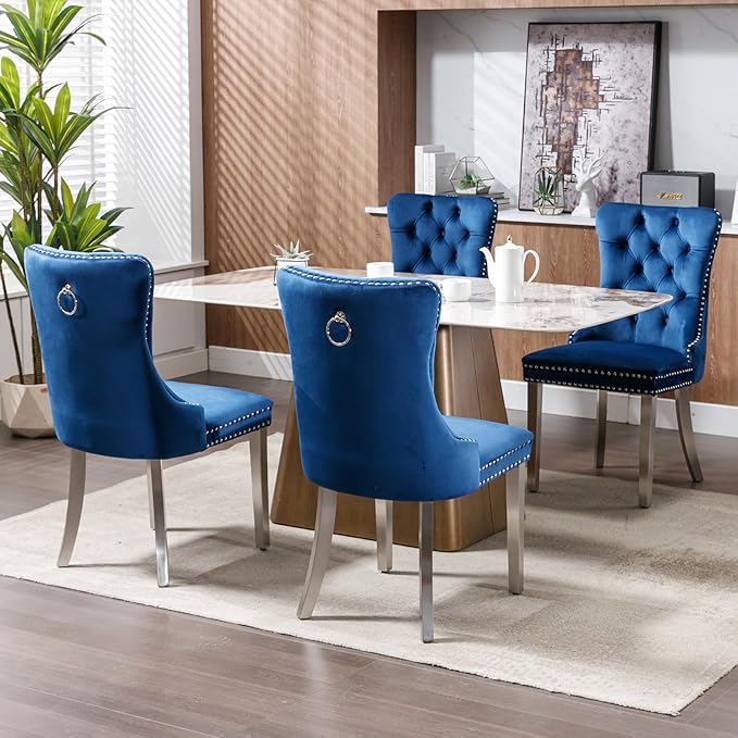 Mid Century Modern Dining Chairs Set of 2, Blue Velvet Upholstered Tufted Back, Kitchen & Dining Room Chairs, Brushed Silver Metal Legs, Nailhead Trim, Sillas para Comedor (Blue, 2 Pcs)