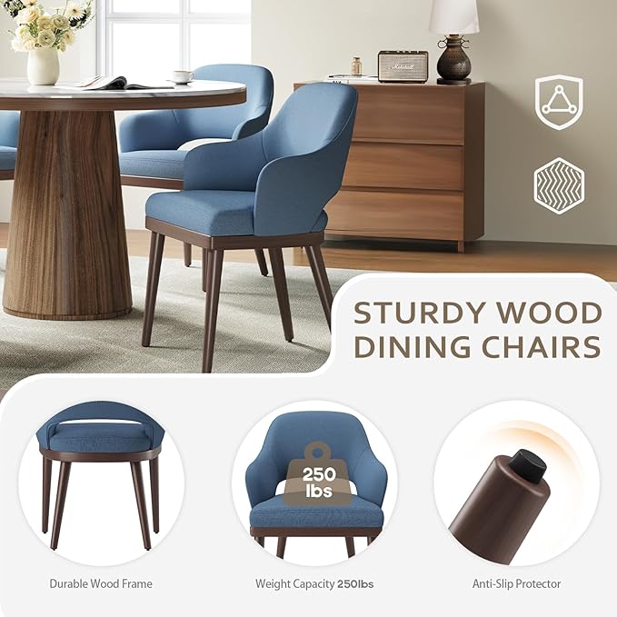 Wooden Dining Chairs Set of 2, Modern Fabric Upholstered Dining Room Chair, Kitchen Side Chairs, Farmhouse Dinner Chair with Open Back for Kitchen, Blue