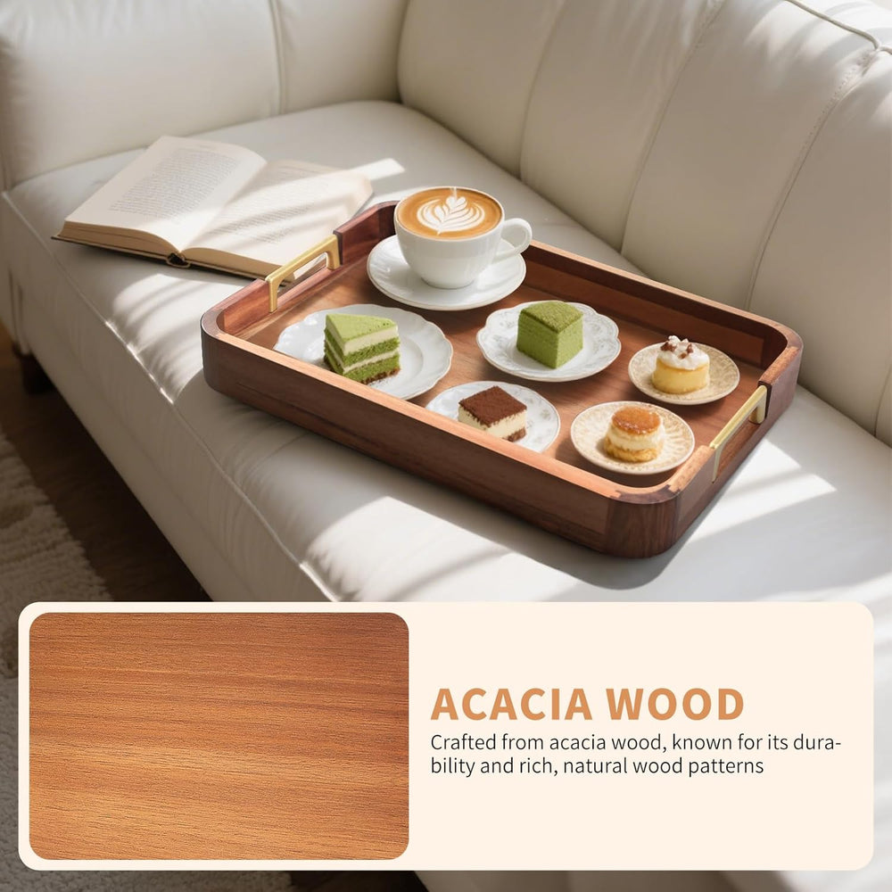 Acacia Wood Serving Tray with Metal Handles, 17x12in Food Drinks Tray for Cof...