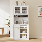 LUMISOL Farmhouse Kitchen Pantry Cabinet with Wine Rack, Freestanding Buffet with Hutch and Adjustable Shelves, Kitchen Hutch with Pull-Out Bottle Trays for Dining Room, 35.4x17.7x74.8 in, White