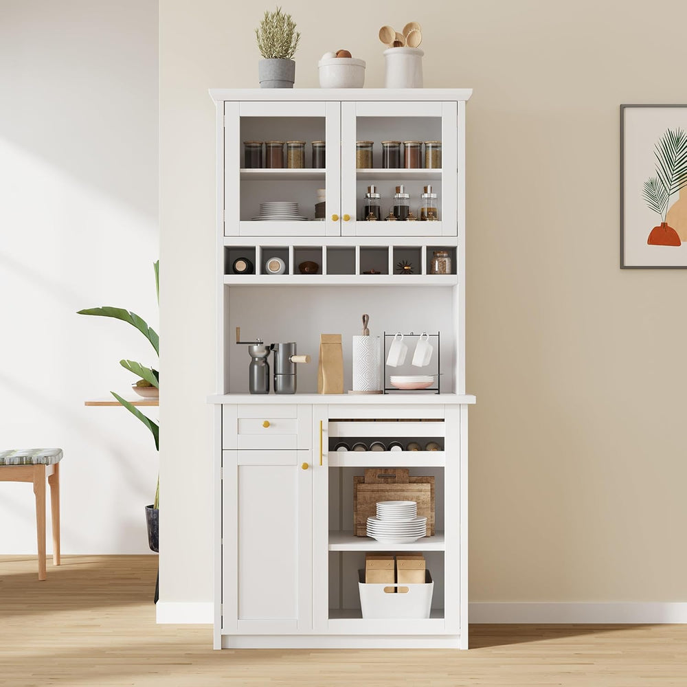roomfitters Farmhouse Kitchen Pantry Buffet Hutch with Wine Rack and Glass Do...