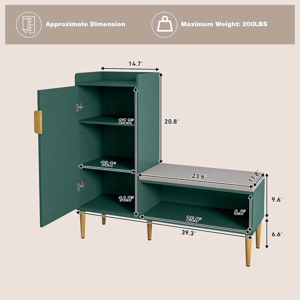 Storage Bench with Fluted Door&Shelf, Modern Entryway Bench with Padded S...