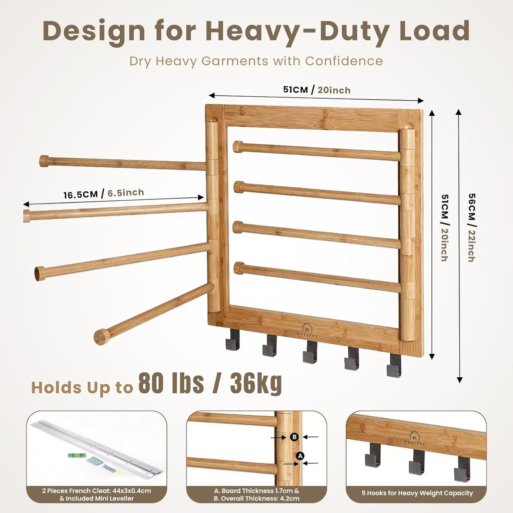 Bamboo Wall Mount Drying Rack for Laundry – Collapsible Foldable Clothes Dryer with 8 Arms & 5 Hooks, Space-Saving Laundry Hanger Dryer Rack, 20 Inch, 80 lb Capacity (Natural)