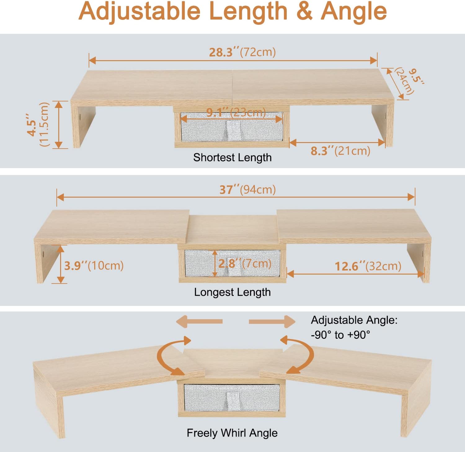 TEAMIX 3 Shelf Monitor Stand Riser with Drawer-Length and Angle Adjustable Dual Monitor Riser with Storage Corner Desk Shelf Organizer Large Computer Stand for 2 Monitors/Laptop (Maple, 1 Drawer)