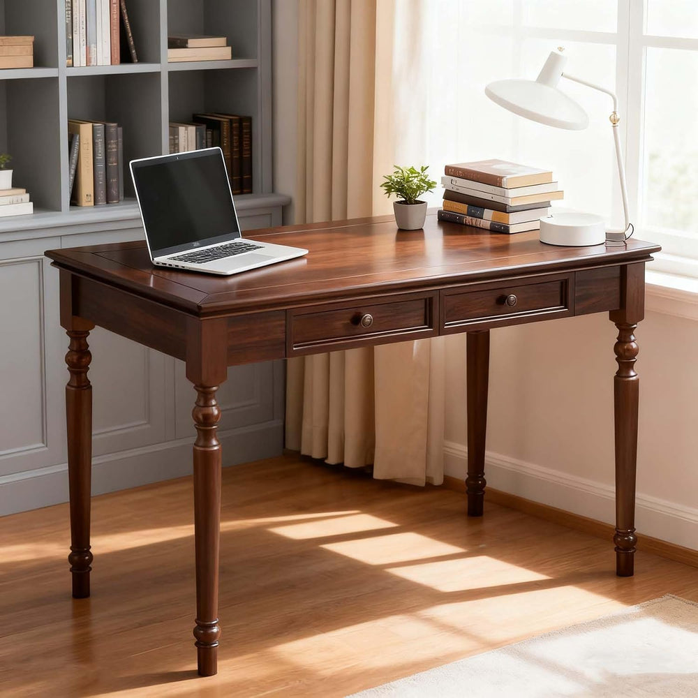 47 Inch Solid Wood Computer Writing Desk with Drawers, Walnut