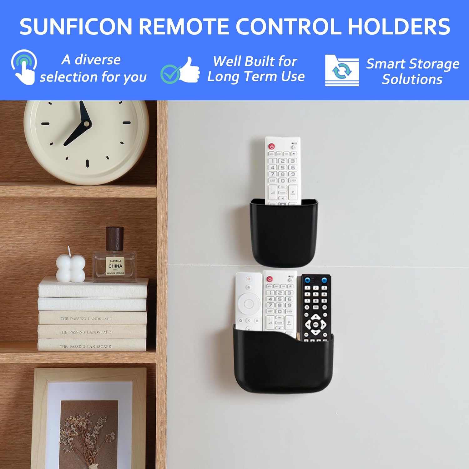 Remote Holder Wall Mount TV FAN Remote Control Holder Bedside Caddy Wall Organizer Phone Holder for Office Adhesive Media Player Controller Holder Box Tray Home Desk Nightstand Black 1 Big 1 Small