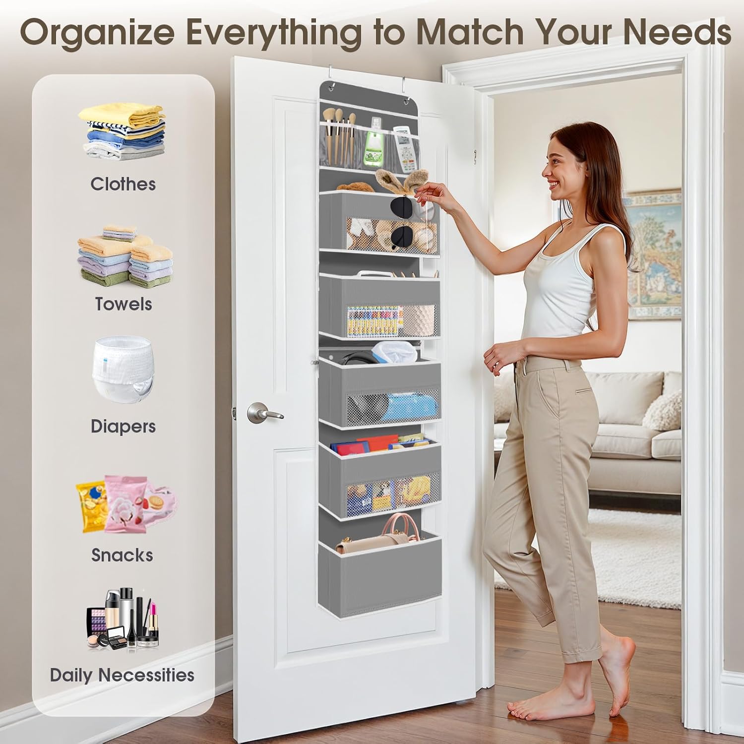 6-Tier Over The Door Organizer, Hanging Storage Organizer with Clear Window, 40lb Ultra Sturdy Large Capacity Room Organizer for Pantry Bathroom Nursery Closet Baby Essential (Grey)