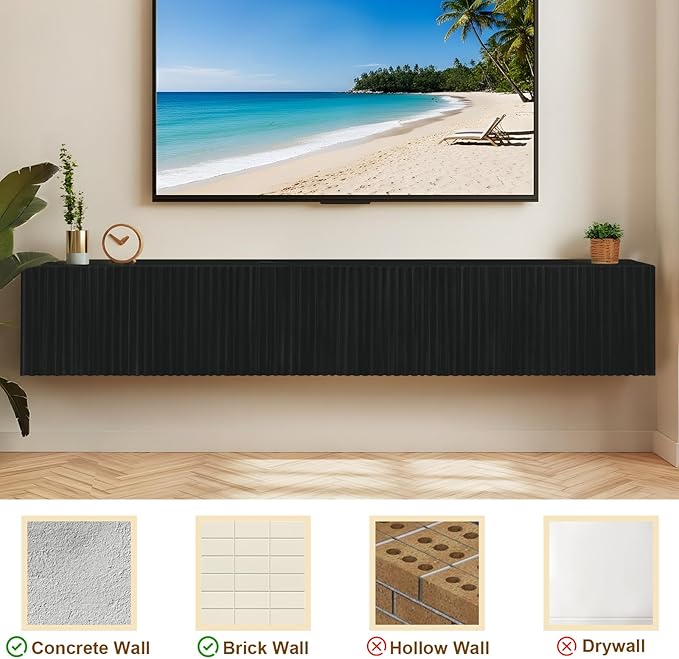 ZYBT Floating TV Stand, Modern Wall Mount Entertainment Center TV Shelf, 70.7" Media Console Under TV Storage Cabinet with Fluted Doors, TV Consoles for Living Room, Floating Cabinet for Wall (Black)