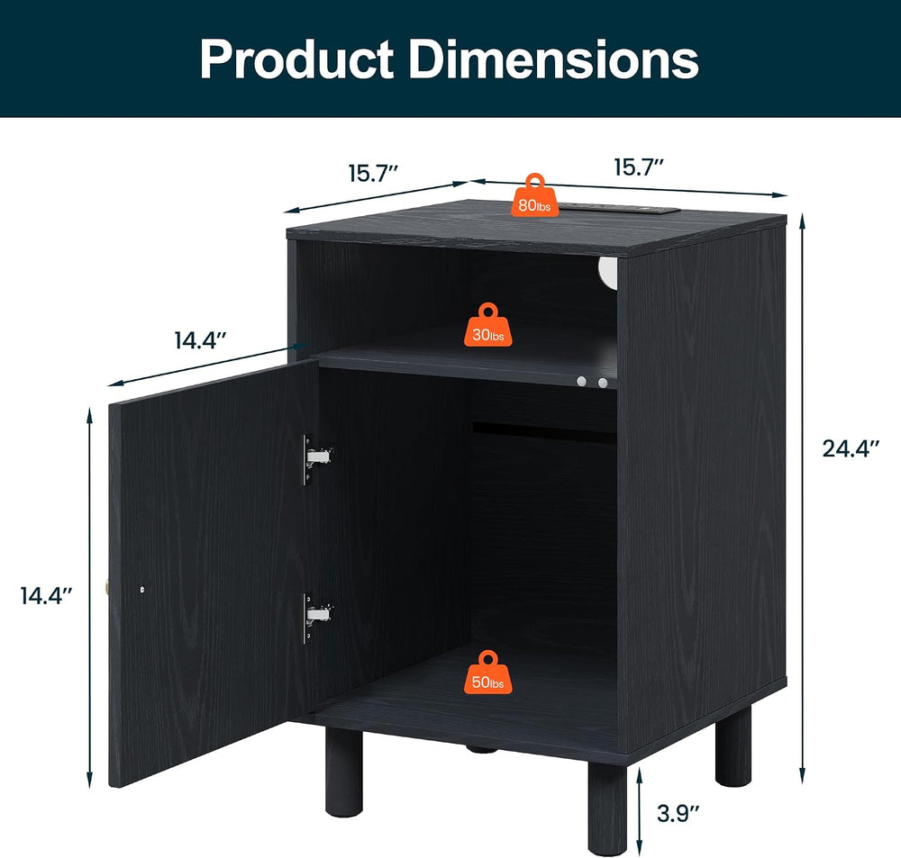 RoyalCraft Black Nightstand with Charging Station, End Table with Storage | M...