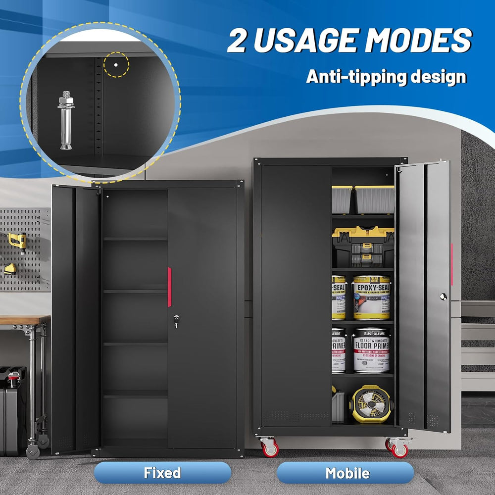 Metal Storage Cabinet with Wheels,71"Garage Cabinets with Lock Door | He...