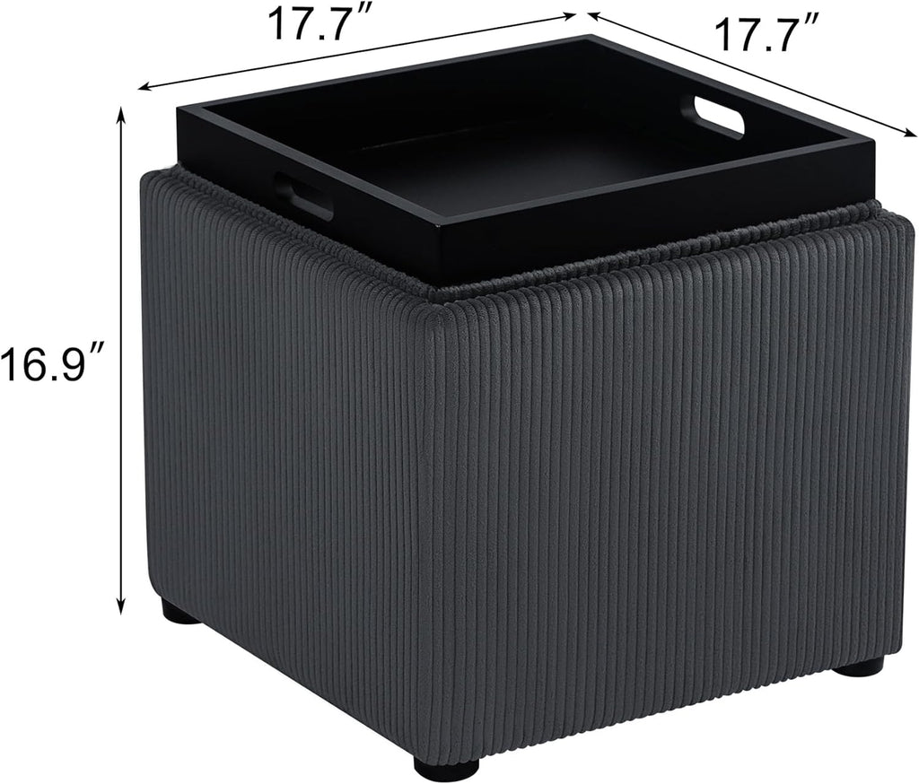 Adeco 17" Corduroy Storage Ottoman with Reversible Tray Lid, Modern Square Footstool for Living Room, RV & Dorm, Sturdy 355lbs Capacity Coffee Table & Side Table, Gray