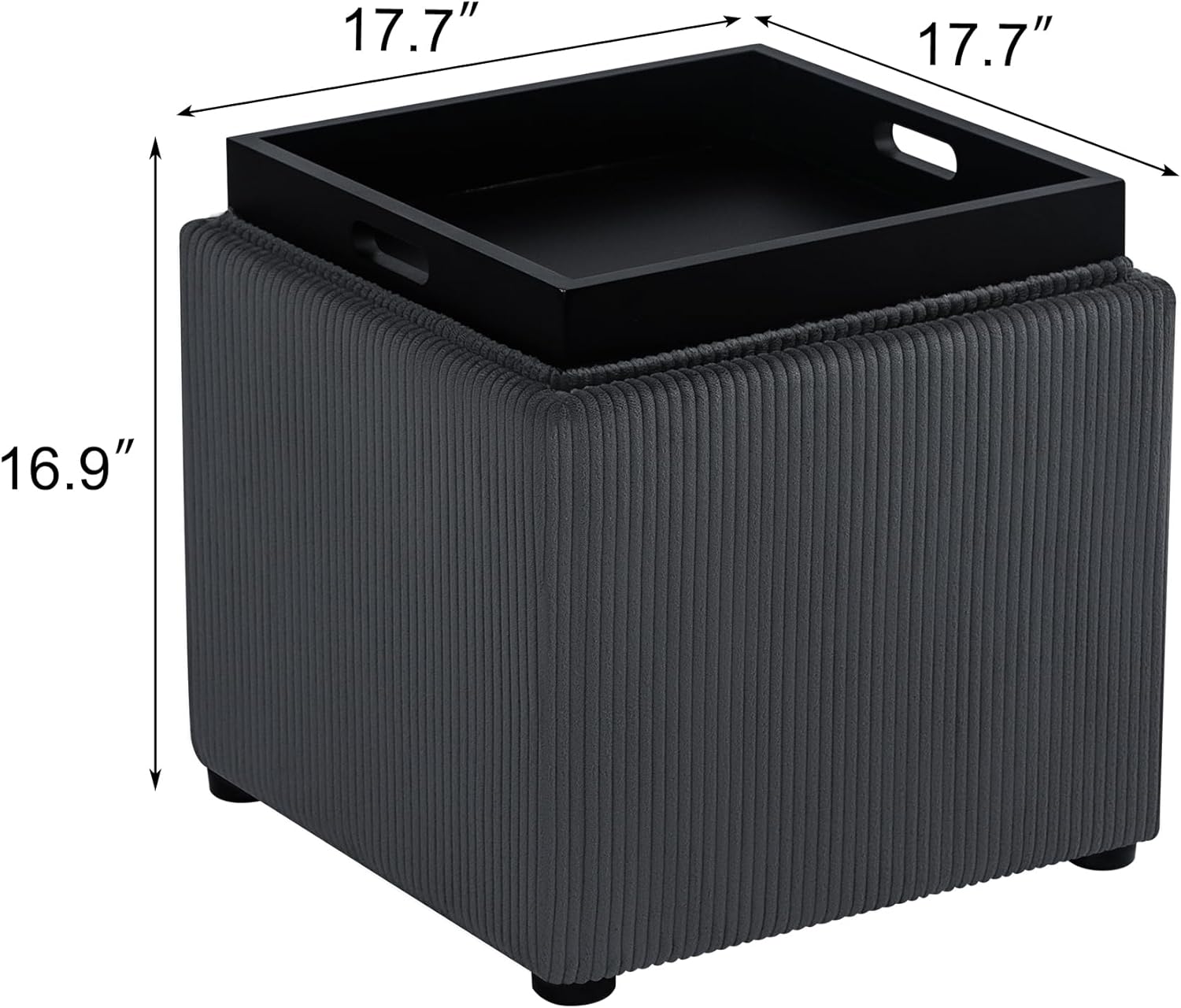 Adeco 17" Corduroy Storage Ottoman with Reversible Tray Lid, Modern Square Footstool for Living Room, RV & Dorm, Sturdy 355lbs Capacity Coffee Table & Side Table, Gray