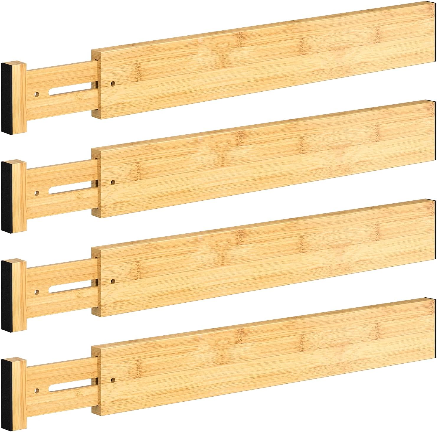 DUCOO 4 PCS Drawer Divider, 17"-22" Adjustable Bamboo Drawer Dividers Organizers, Expandable Separators for Kitchen, Clothes, Dressers, Home, Office