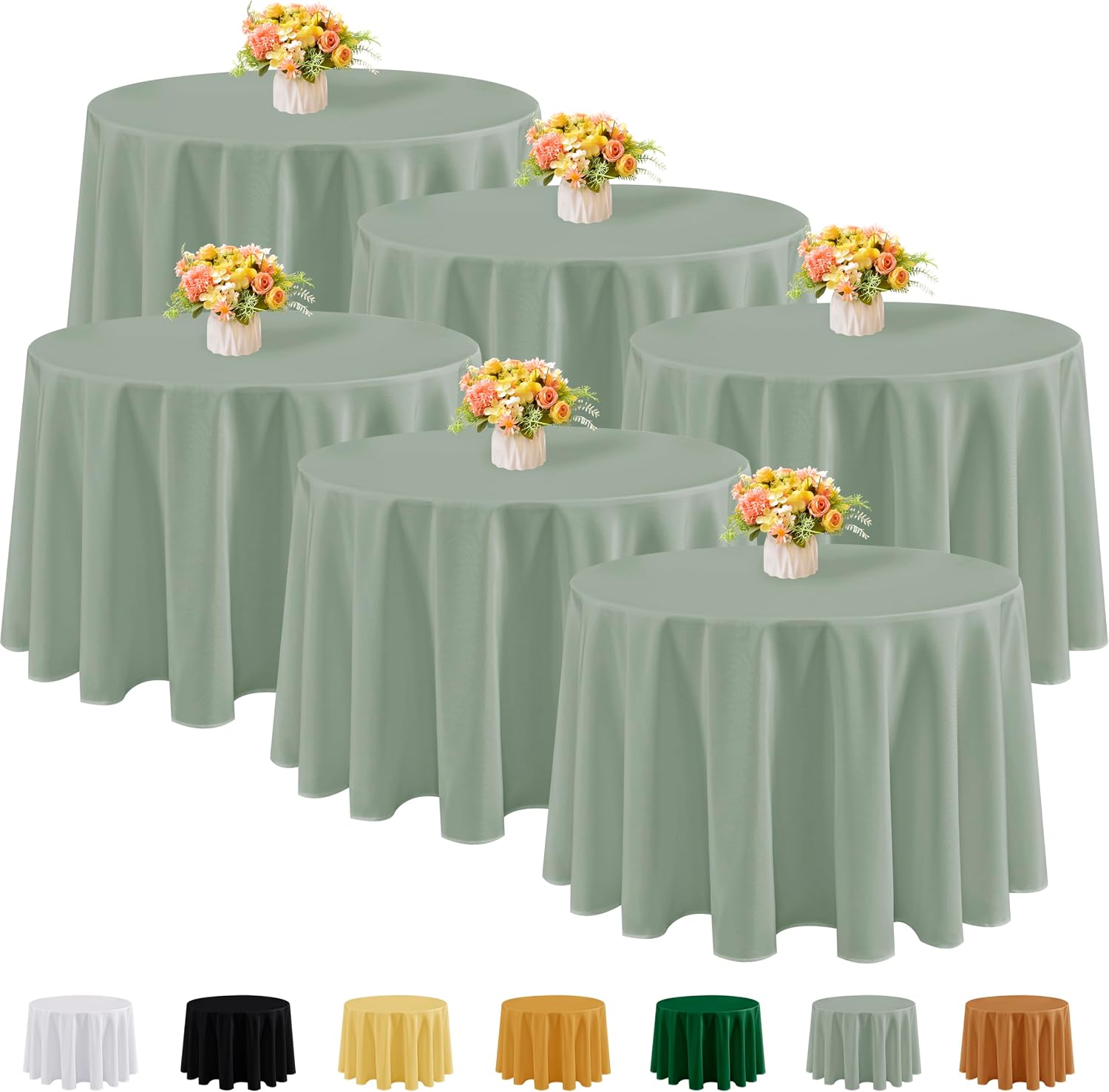 Fitable 6 Pack Sage Green Round Tablecloths - 120 Inches in Diameter | Wrinkle & Stain Resistant, Washable Polyester Fabric, For Wedding Party Banquet Formal Events Fall Thanksgiving Harvest