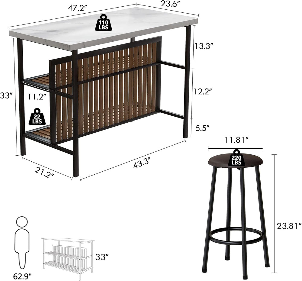 Recaceik 3 Piece Pub Set, Rectangular 2 Bar Stools, Faux Marble Dining Room S...