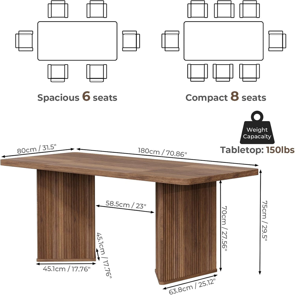 71 inch Rectangular Wood Dining Table for 6-8 People, Modern Fluted Pedestal ...