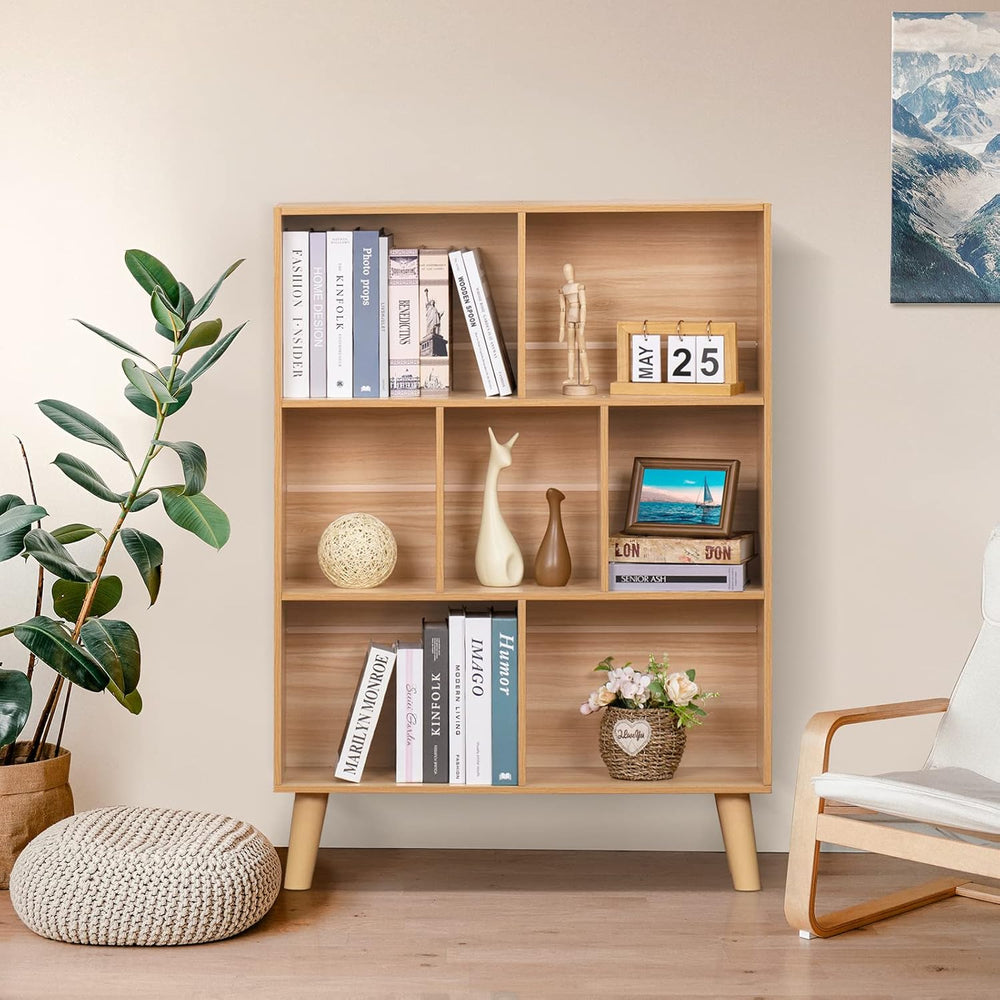 LEYAOYAO Wooden 7 Cube Book Shelf, Natural 3 Tier Bookshelf with Legs, Modern...