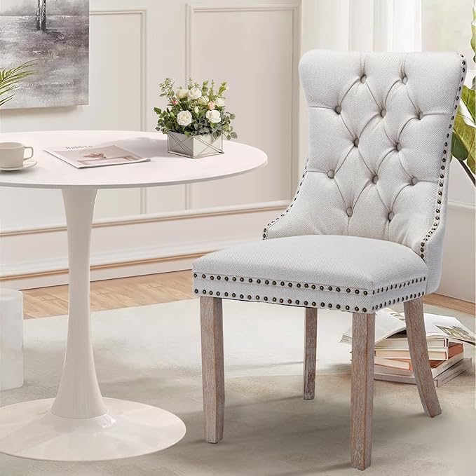 3-Pieces 31.5" Round Dining Table Set for 2, White Dining Table & Linen Upholstered Dining Chairs Set of 2 for Kitchen Dining Room Apartment Small Space(Beige Linen Chairs)