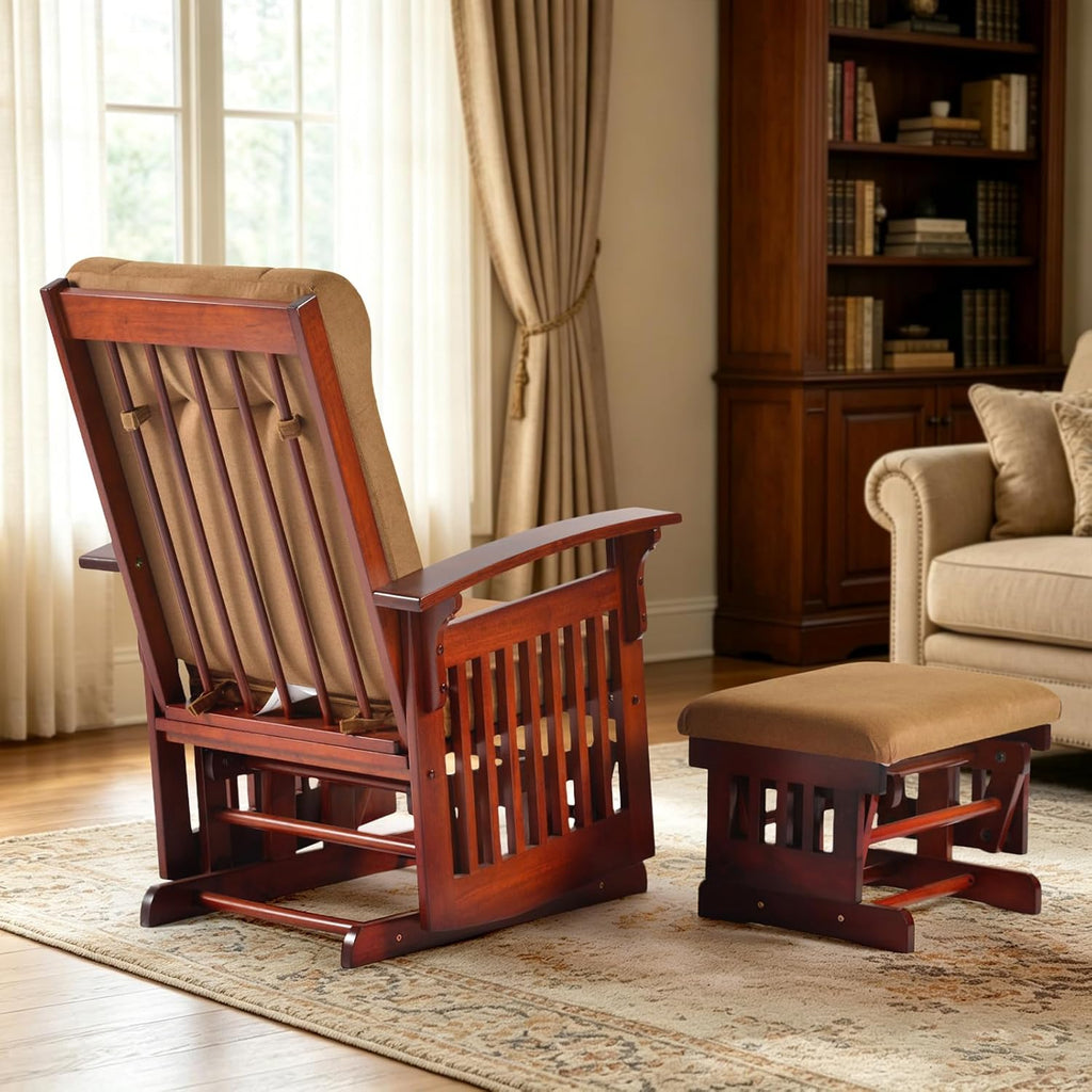 Glider Rocking Chair for the Nursery with Ottoman, 3A Solid Rubberwood Frame, Smooth-Gliding Rocking Chair, Easy to Assemble, for Nursery, Living Room, Bedroom, Classroom (Dark Coffee)