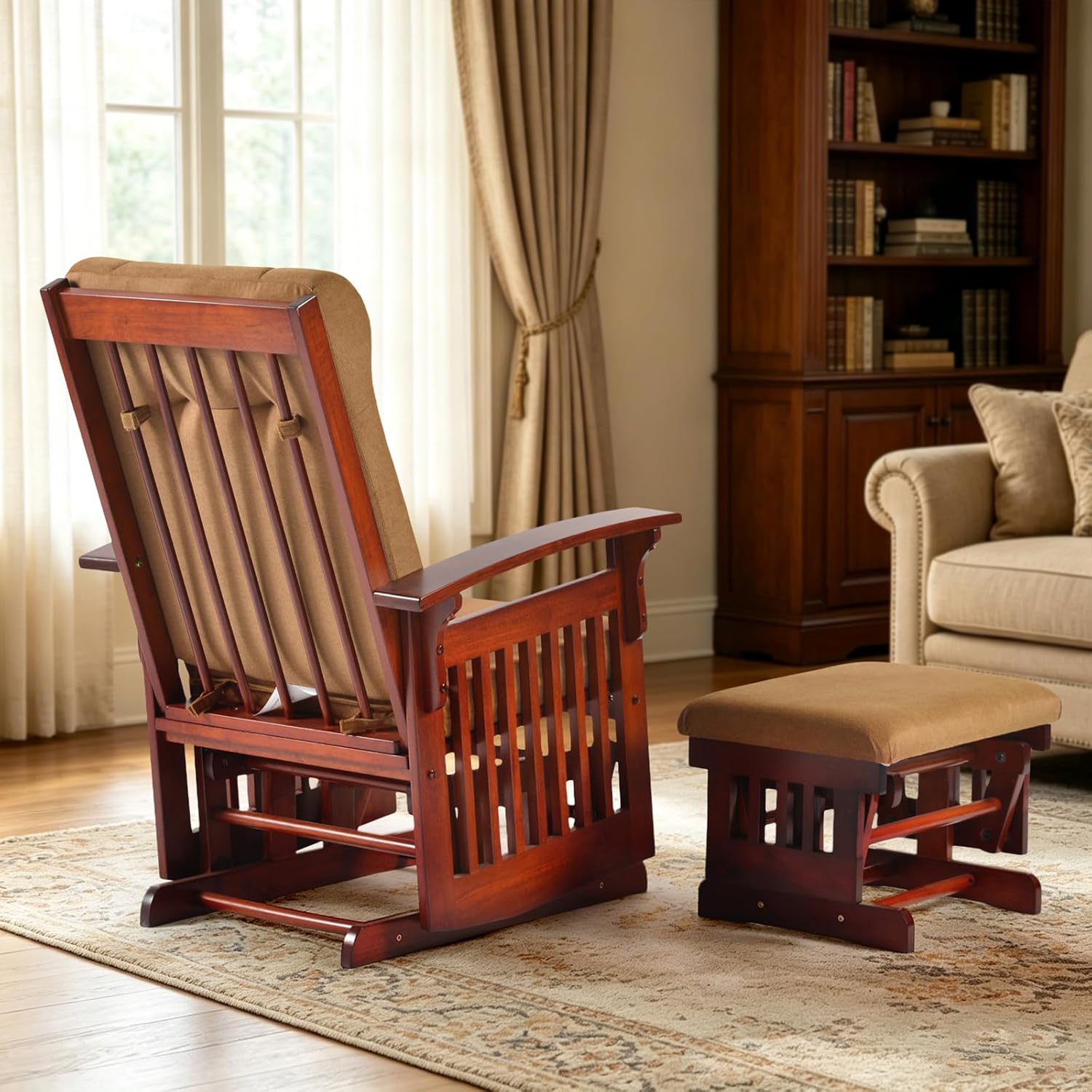 Glider Rocking Chair for the Nursery with Ottoman, 3A Solid Rubberwood Frame, Smooth-Gliding Rocking Chair, Easy to Assemble, for Nursery, Living Room, Bedroom, Classroom (Dark Coffee)