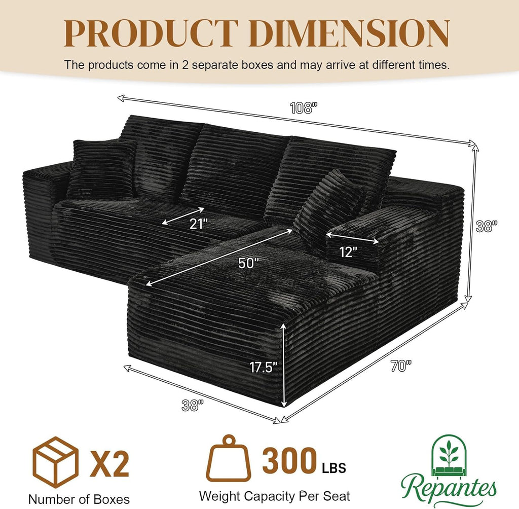108" L Shaped Boneless Sectional Couches for Living Room, Comfy Corduroy Floor Cloud Sofa with Chaise, Wide Armrest, Deep Seat, Memory Foam, Assembly Free, Ideal for Small Spaces, Black