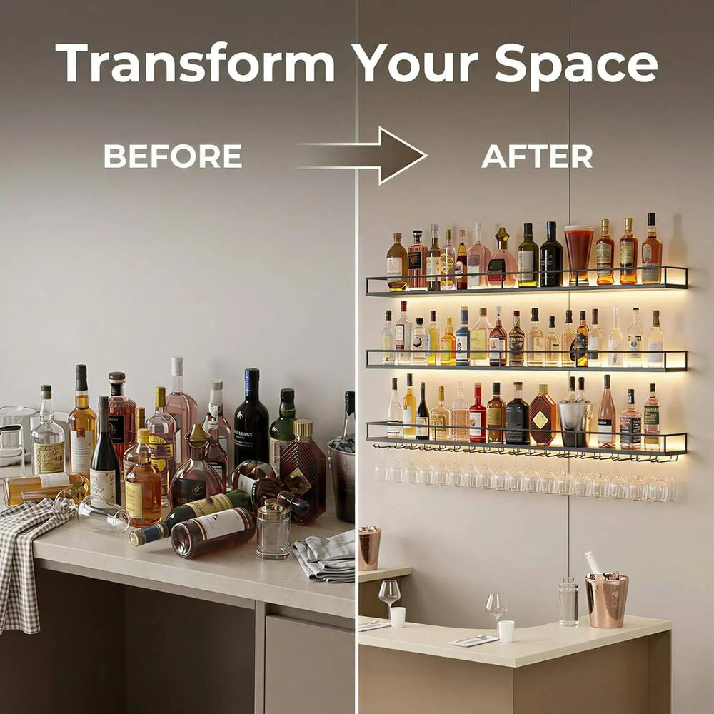 55.1" Wall Mounted Wine Rack with Lights, 3-Tier Floating Bar Shelf | Ho...