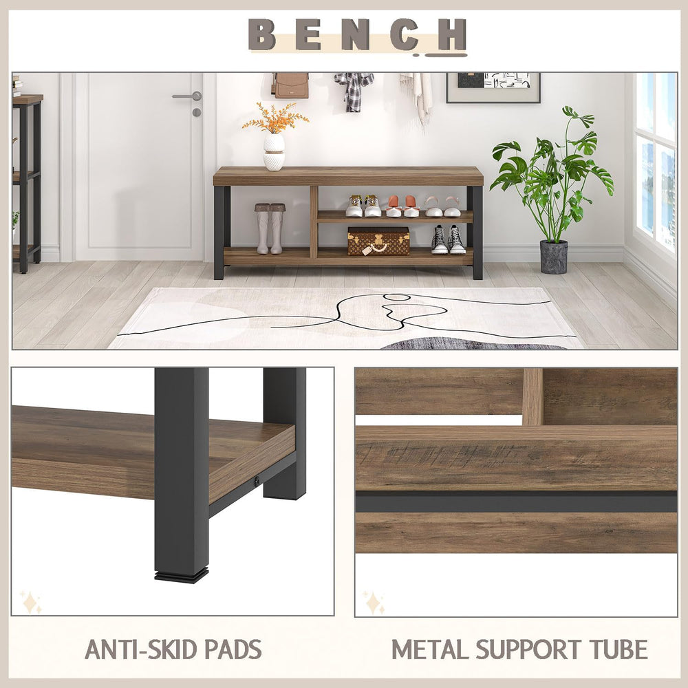 FOLUBAN Shoe Bench for Entryway, Wood and Metal Indoor Bench with Shoe Storag...