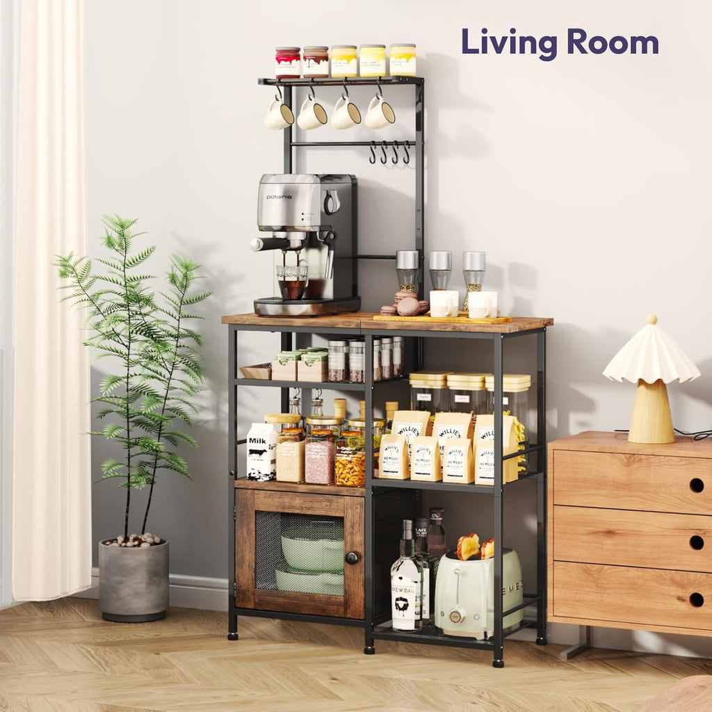SWTYMIKI Bakers Rack with Storage - Coffee Bar Cabinet Organizer with 8 Hooks, Shelves & Cabinet Door, Coffee Station for Kitchen Dining Room, Microwave Stand with Adjustable Feet, Espresso
