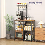 SWTYMIKI Bakers Rack with Storage - Coffee Bar Cabinet Organizer with 8 Hooks, Shelves & Cabinet Door, Coffee Station for Kitchen Dining Room, Microwave Stand with Adjustable Feet, Espresso