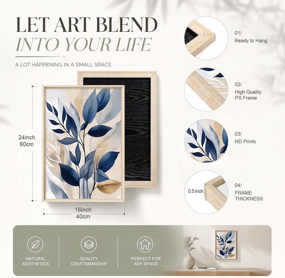 HOURIA Navy Blue Neutral Tan Leaf Framed Canvas Wall Art Set-16"x24"x3