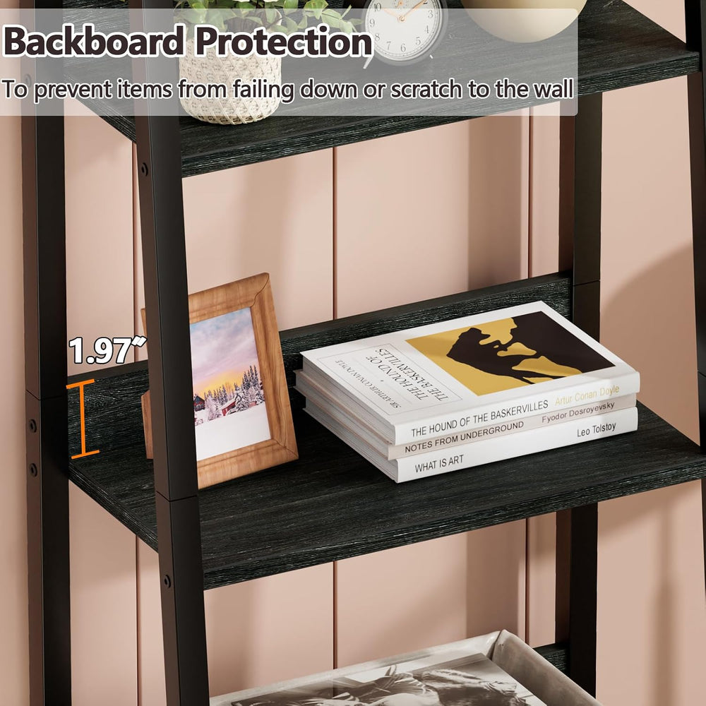 Furologee Ladder Shelf, 5 Tier Bookshelf with Fabric Drawer, Black Oak