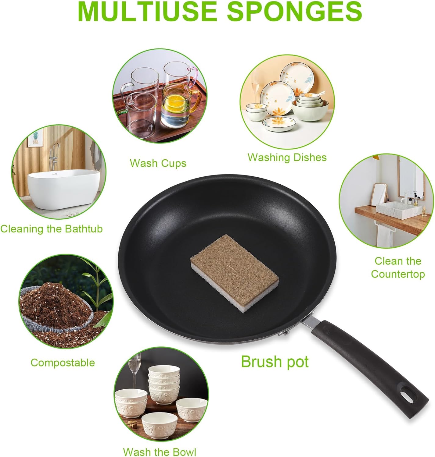 Natural Sponges for Dishes 12 Pack - Keep Soap Biodegradable Kitchen Sponge Compostable Coconut Scrubber - Eco Friendly Cleaning Sponges