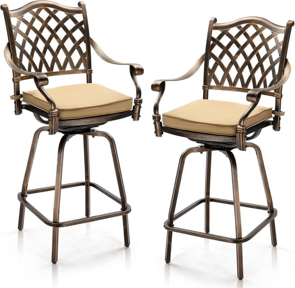 Outvita Patio Swivel Bar Stools Set of 2, Cast Aluminum with Cushions