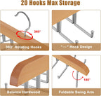 Tie Rack Hanger for Closet, 2 in 1 Belt Tie Hangers with 20 Folding Hooks, 360 Degree Rotating Wooden Tie Holder Organizer for Men Ties Belts Scarves Tank Tops Accessories, Wood (1 Pack)