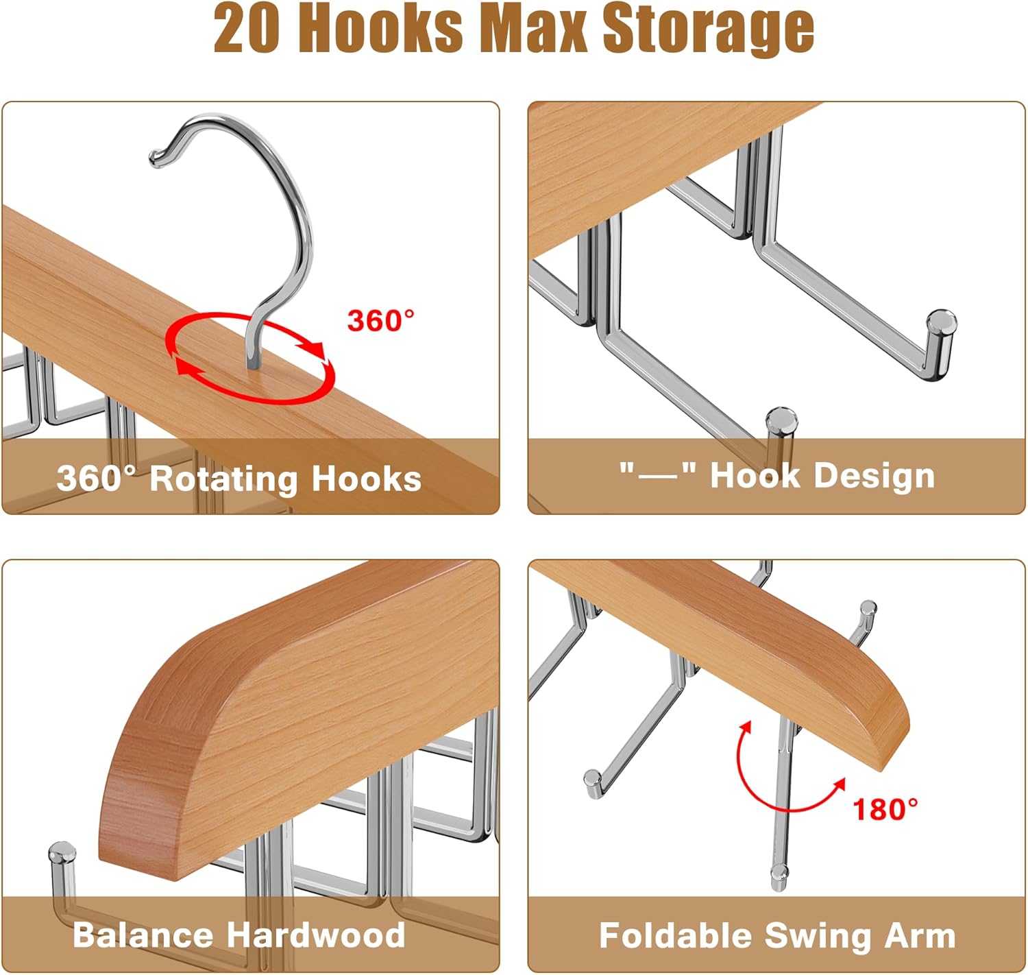 Tie Rack Hanger for Closet, 2 in 1 Belt Tie Hangers with 20 Folding Hooks, 360 Degree Rotating Wooden Tie Holder Organizer for Men Ties Belts Scarves Tank Tops Accessories, Wood (1 Pack)